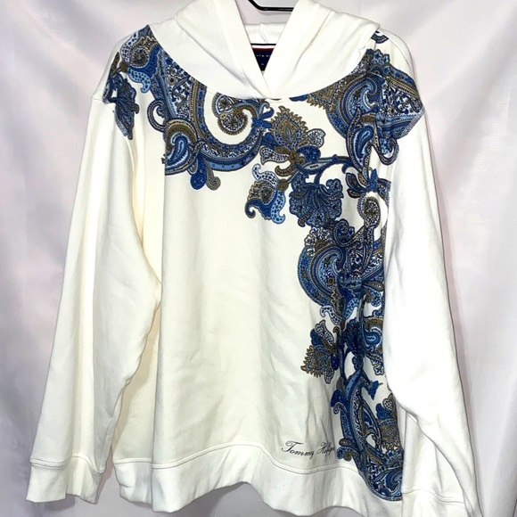 NWT TOMMY HILFIGER WOSIZE 3X FLEECE LINED WHITE HOODIE SWEATSHIRT PAISLEY PRINT - Picture 1 of 11